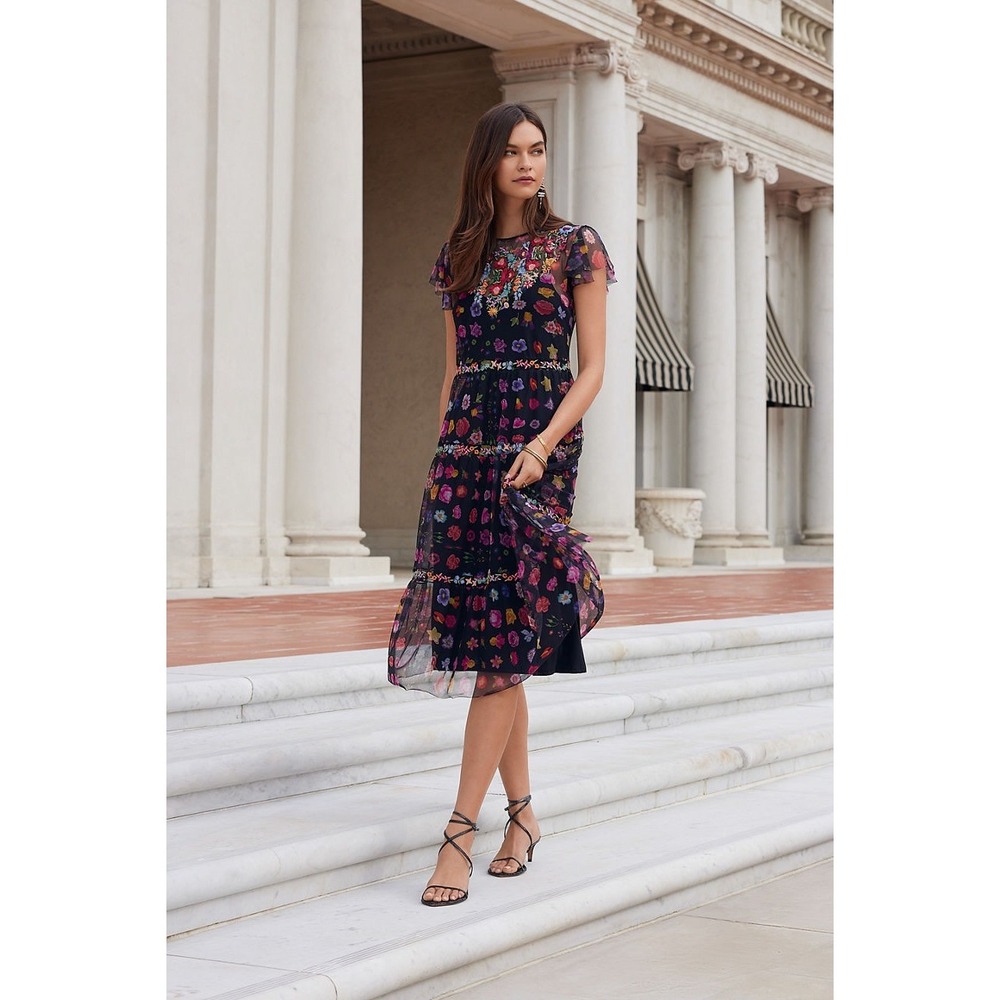Johnny Was Rheia Tiered Mesh Dress Multi Color Floral Embroidered Midi M NEW